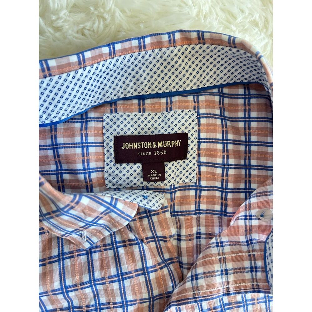 Johnston & Murphy Mens XL Short Sleeve Plaid Button Down Shirt Peach Blue XL